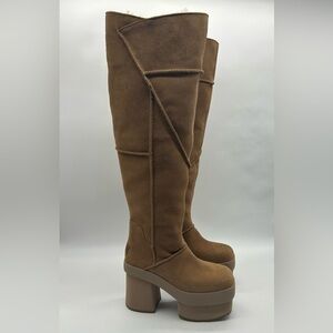 UGG Tall Suede Platform Shearling Lined Chunky Heel Boots Brown Size 7.5